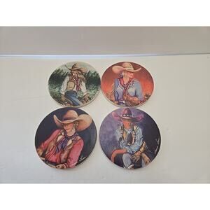 Doreman Burns Table Coasters Cowgirl Print, Signed, Western Decor "Painted Set 4
